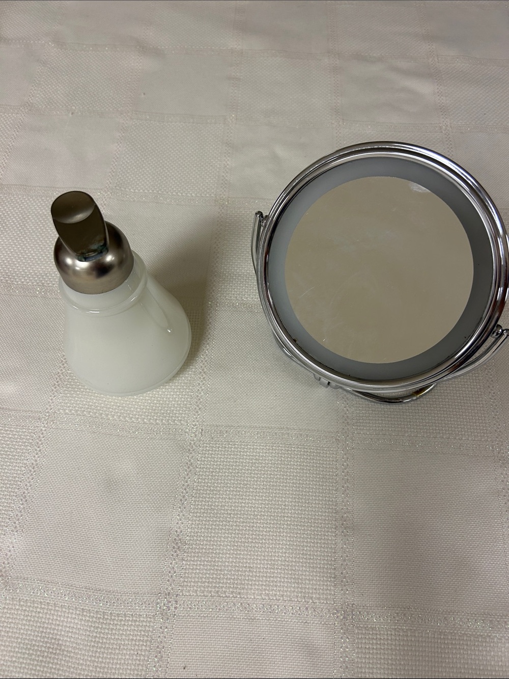 Compact Round Makeup Mirror & White Glass Soap Dispenser